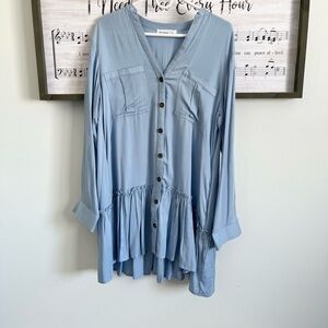 Light Blue Button-Front Mini Dress with Peplum Hem